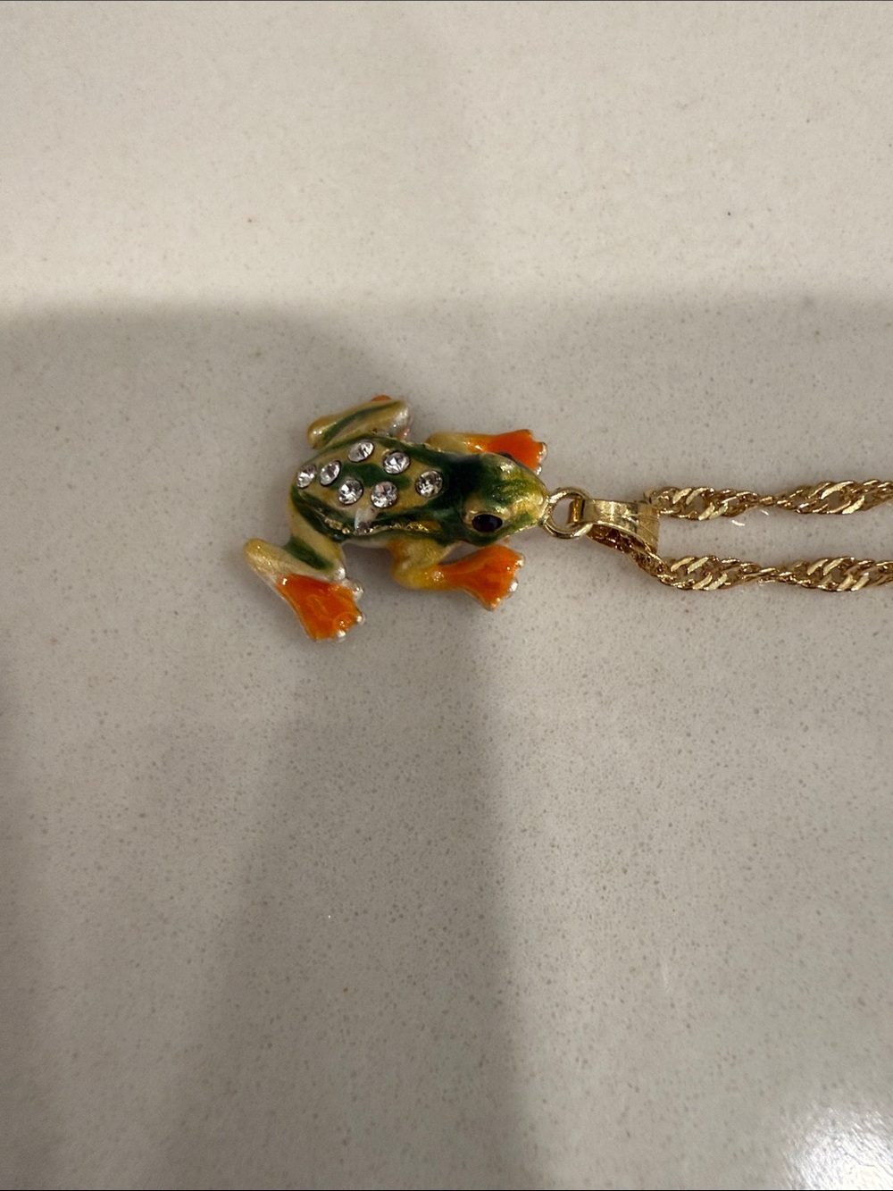 Gold-Tone Frog Pendant Necklace with Green and Orange Enamel